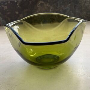 Mid Century Modern Olive Green Art Glass Bowl Freeform Sculptural Decor